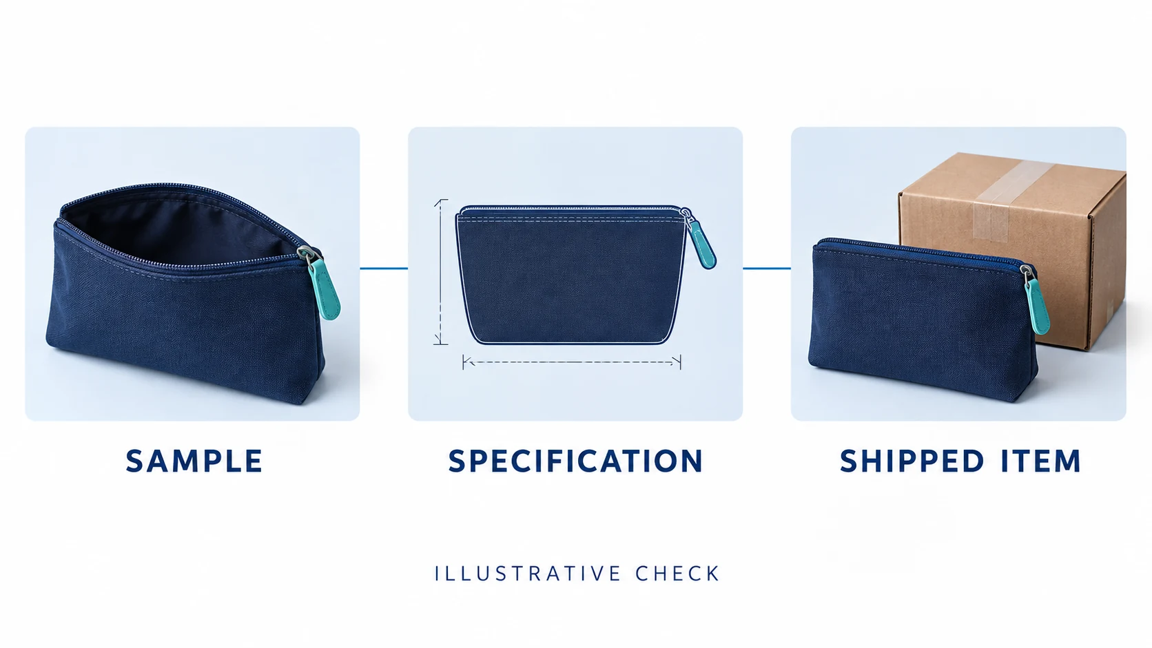 Illustrative comparison of a pouch sample, its specification and the item supplied.