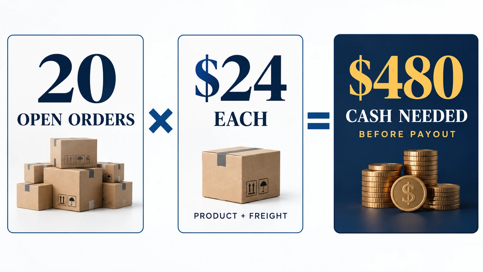 Hypothetical cash illustration showing twenty open orders requiring twenty-four dollars each, totaling four hundred eighty dollars before payout.