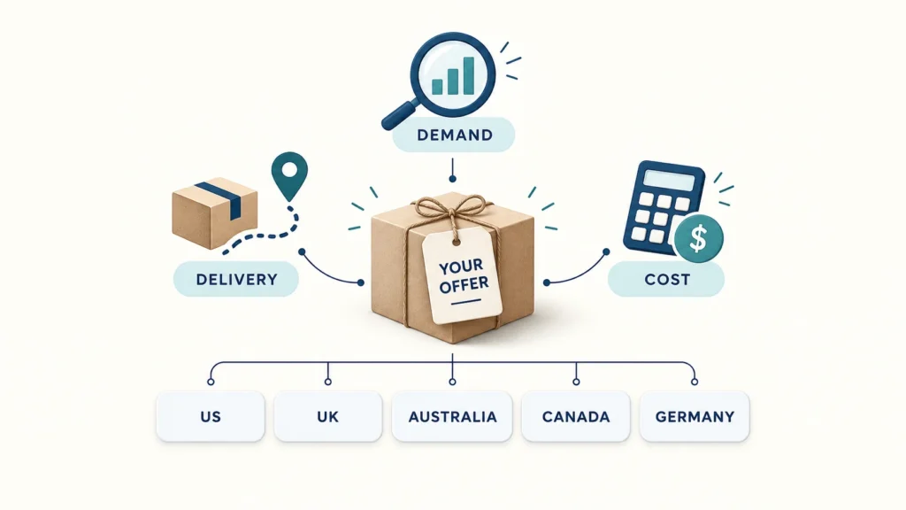 Conceptual market-selection illustration connecting demand, delivery and operating cost around one product offer.