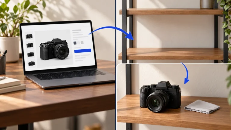 Concept comparison of a camera on a supplier catalog screen and the physical camera on a seller's shelf.