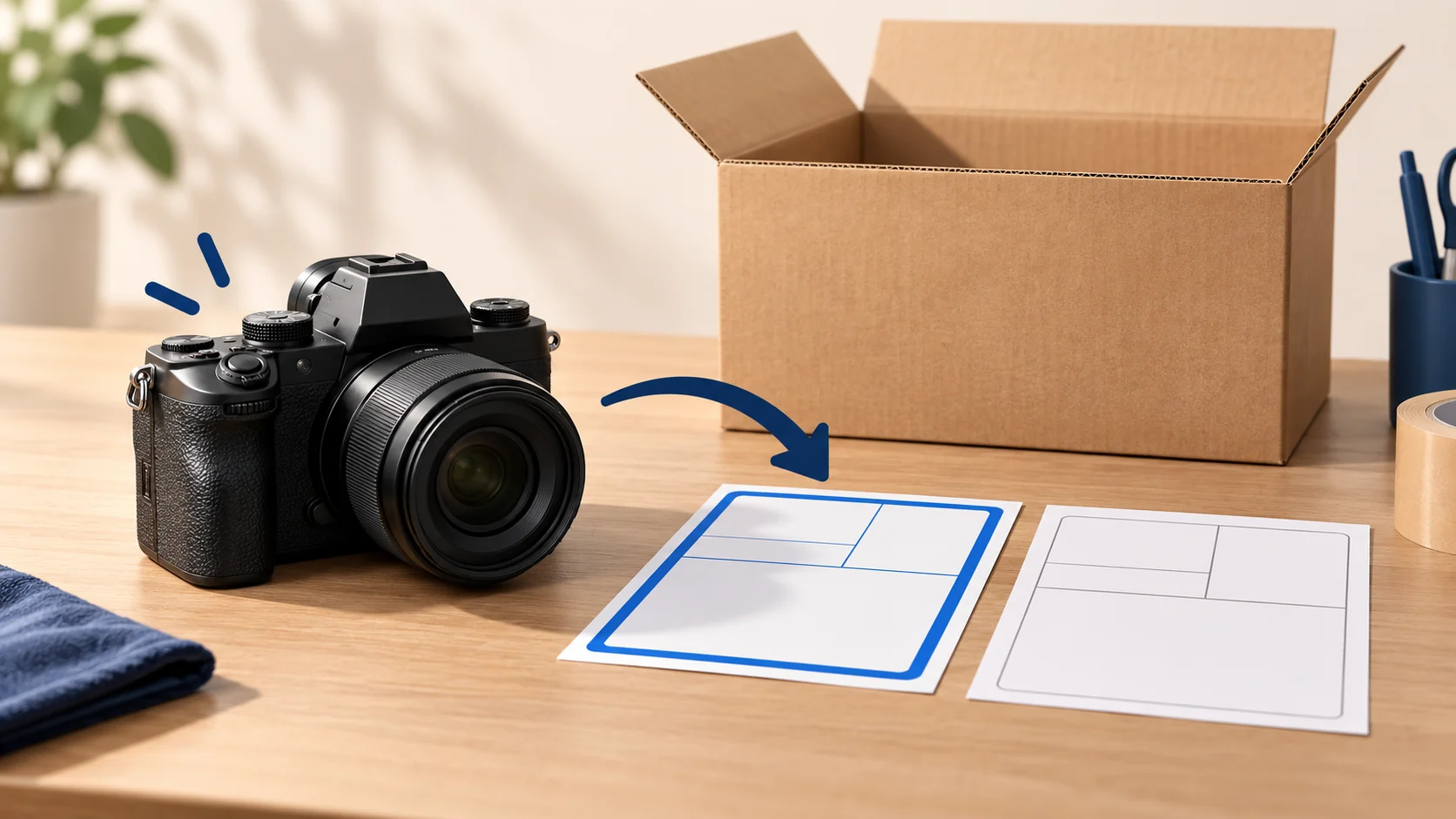 Concept illustration of an actual camera beside two blank shipping label options and an unbranded parcel box.