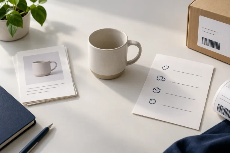 Editorial concept with a sample product, catalog sheet, separate cost ledger and parcel.