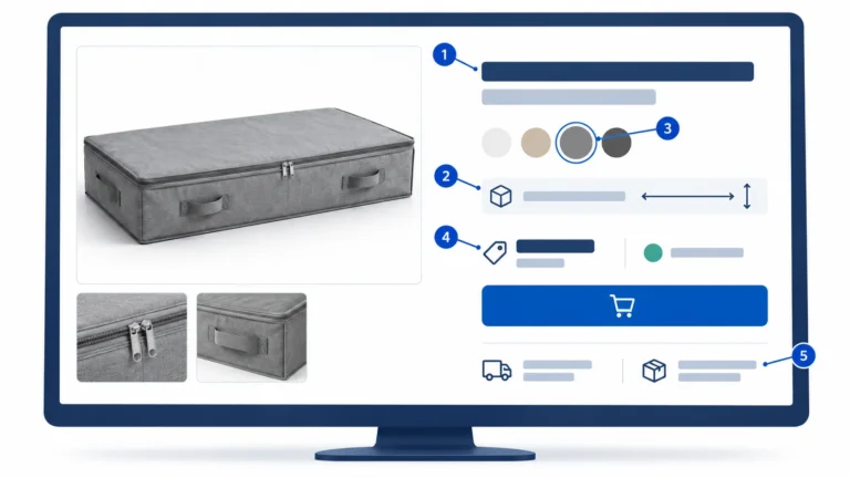 Conceptual one-SKU product page layout with matching gray storage bag image, selected variant, fit cue, price and stock area, Add to Cart, delivery and returns