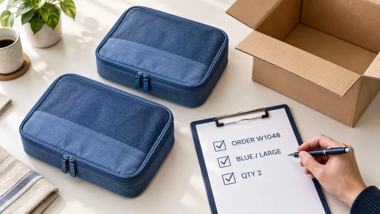 Two blue organizers beside an order checklist and an open packing carton.