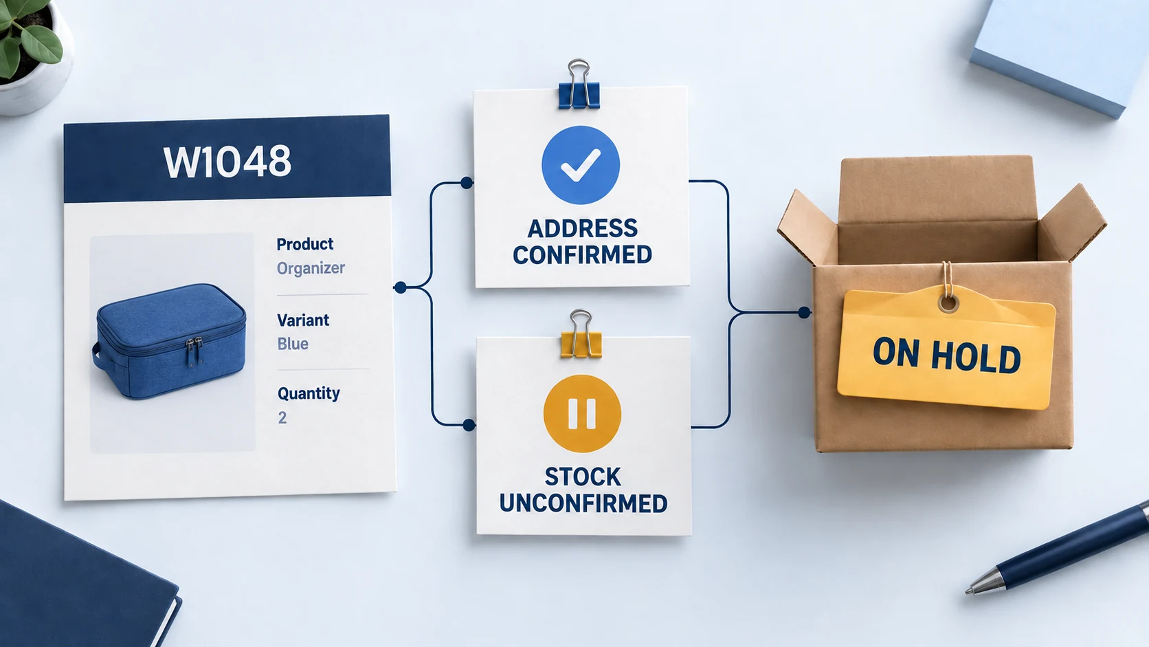 Order W1048 has a confirmed address but unconfirmed stock, so the parcel stays on hold.