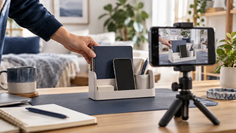 Illustrative phone filming a desk organizer being demonstrated with a notebook and phone for scale.