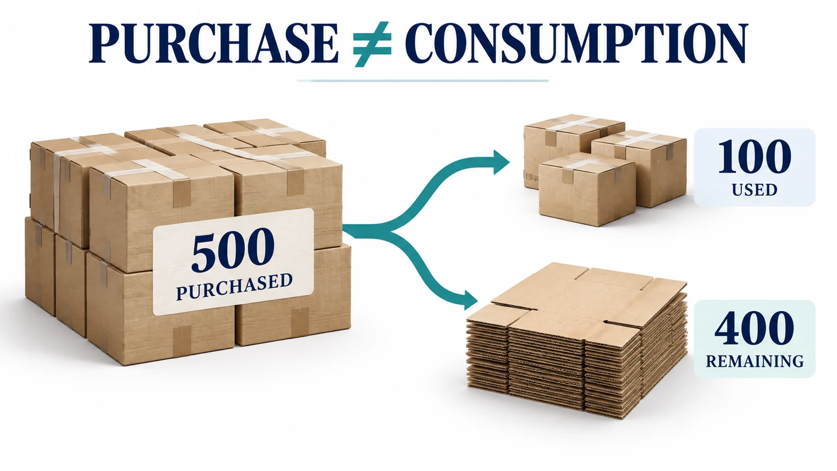 Illustrative packaging inventory flow separating a 500-box purchase into 100 used boxes and 400 remaining boxes.