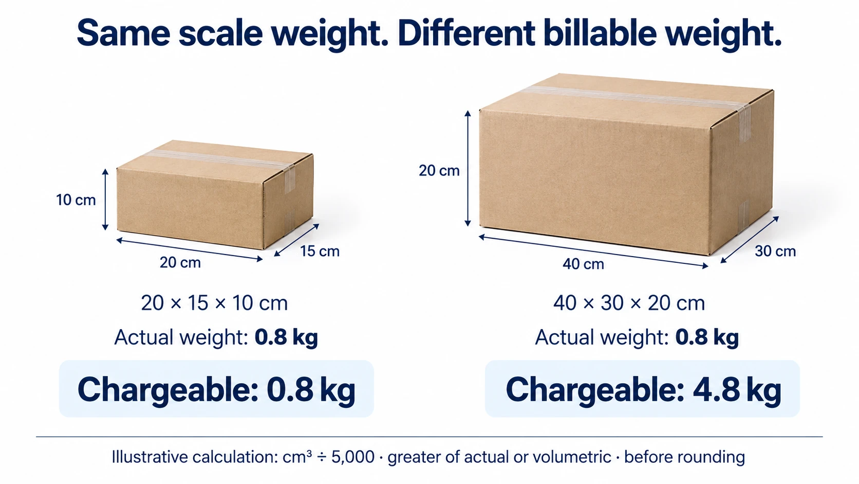 Two parcels with equal0.8kg scale weight and different dimensions produce0.8kg and4.8kg chargeable weights in the example.