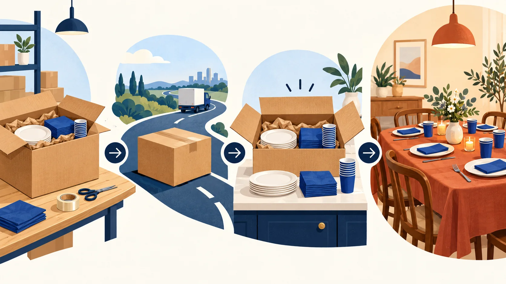 Concept sequence of a party-supply carton being packed, shipped, checked on arrival and used at an adult dinner table.