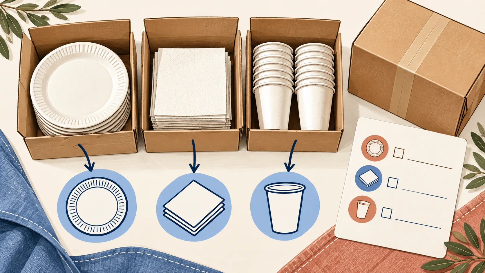 Concept illustration of separate groups of plain party plates, napkins and cups beside a blank packing checklist.