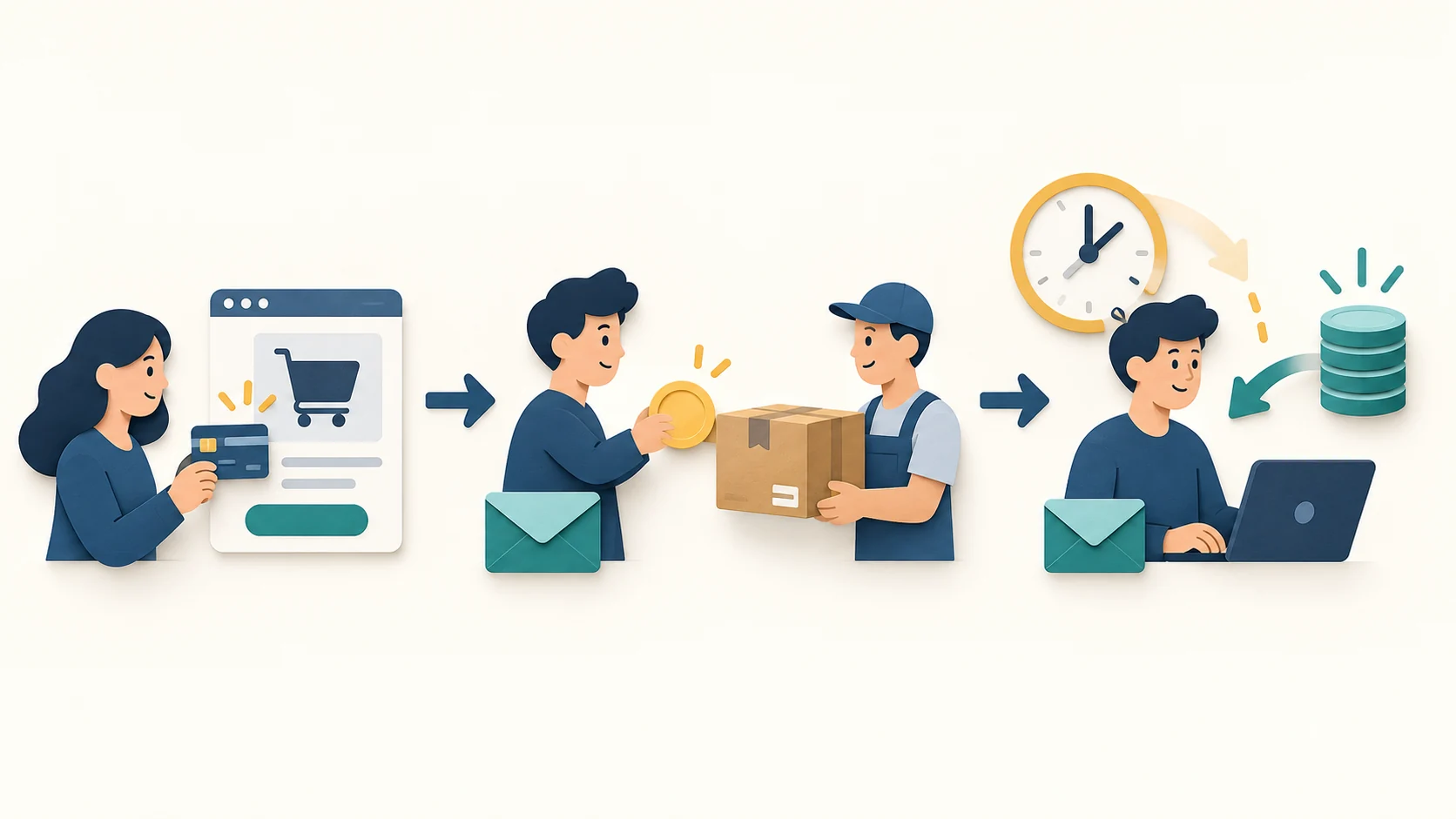 Customer card order precedes merchant-funded supplier payment, with processor payout arriving after a settlement delay.