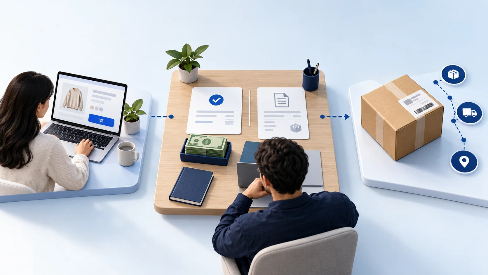 Illustration separating a customer's online payment, the seller's supplier bill and the parcel's tracking record.