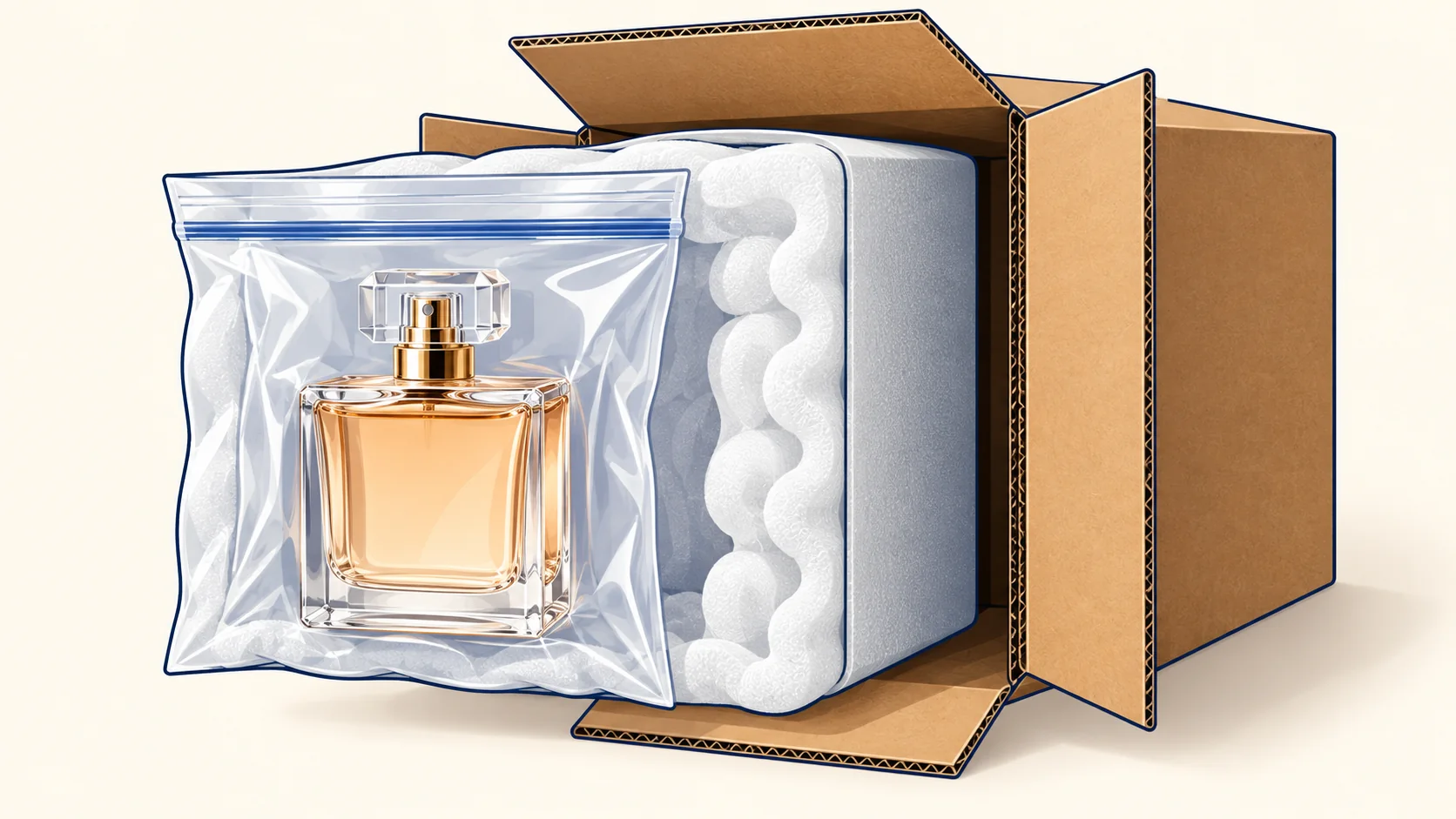 Conceptual cutaway of a perfume bottle inside sealed secondary packaging, cushioning and a sturdy outer carton.