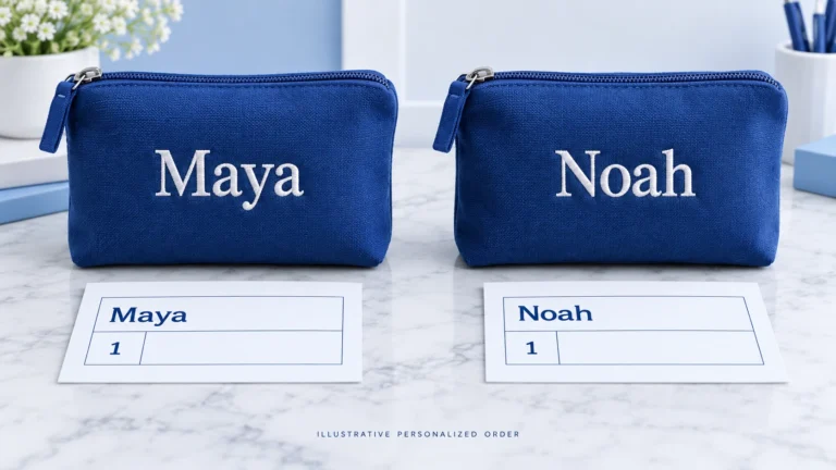 Two illustrative blue pouches personalized Maya and Noah, each with its matching one-unit record.