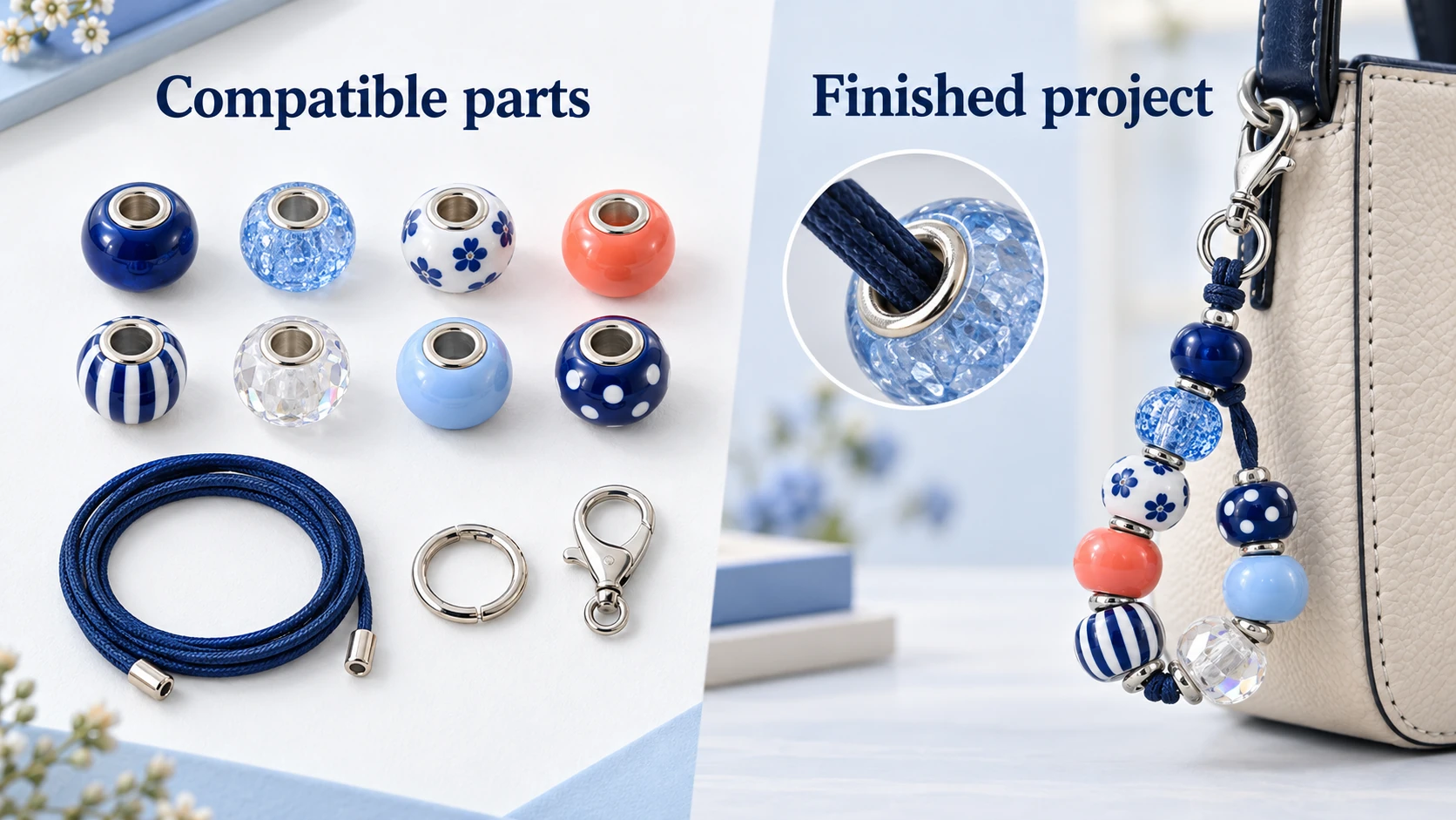Illustrative bead kit showing compatible cord and bead openings beside the completed bag charm.