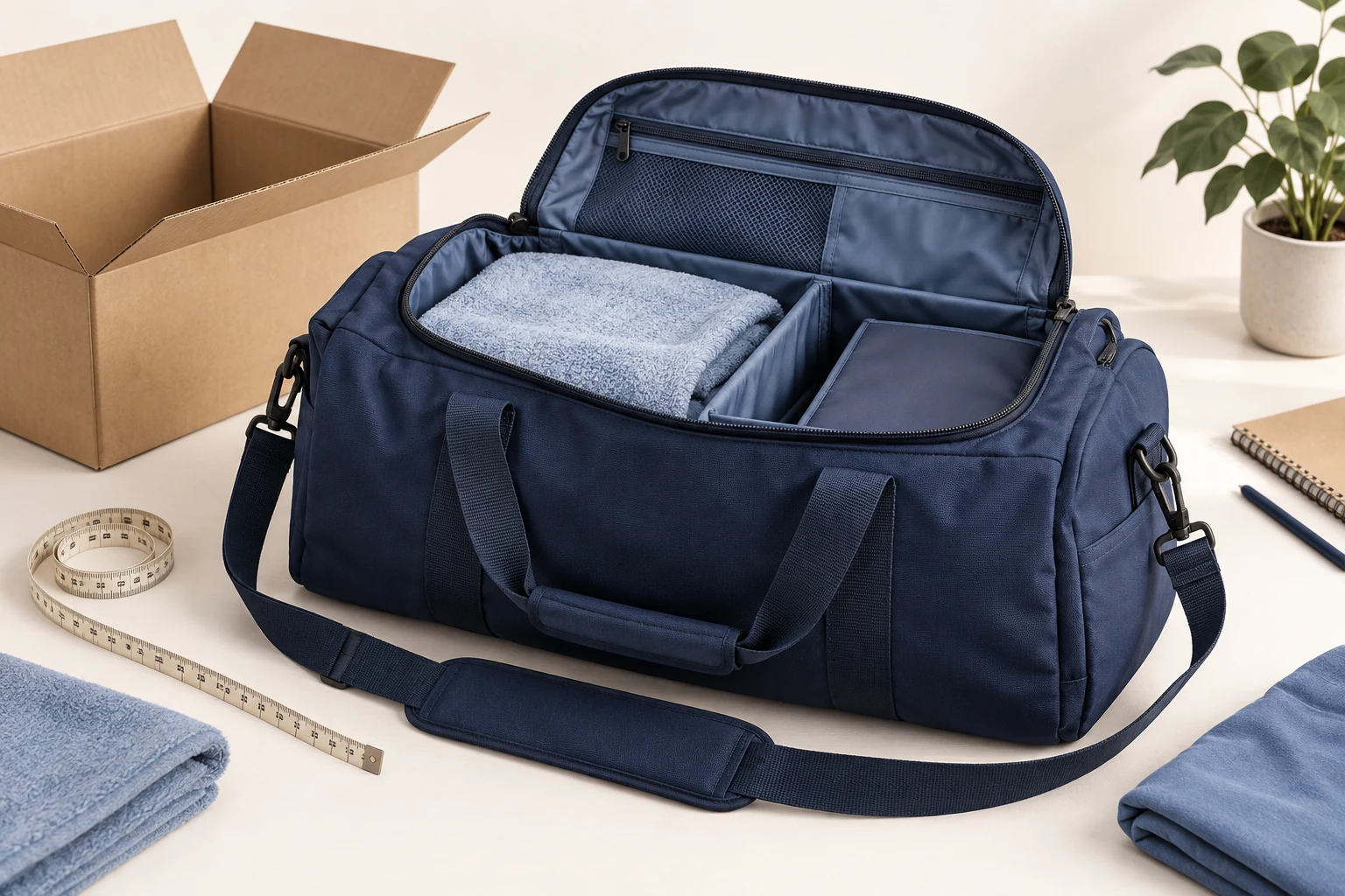 Open duffel sample showing compartments beside a shipping carton and measuring tape
