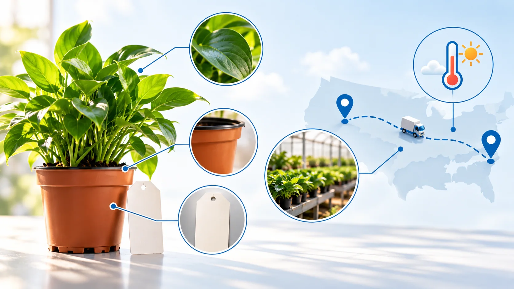 Concept illustration linking a potted houseplant and blank nursery tag to a destination route and weather check.