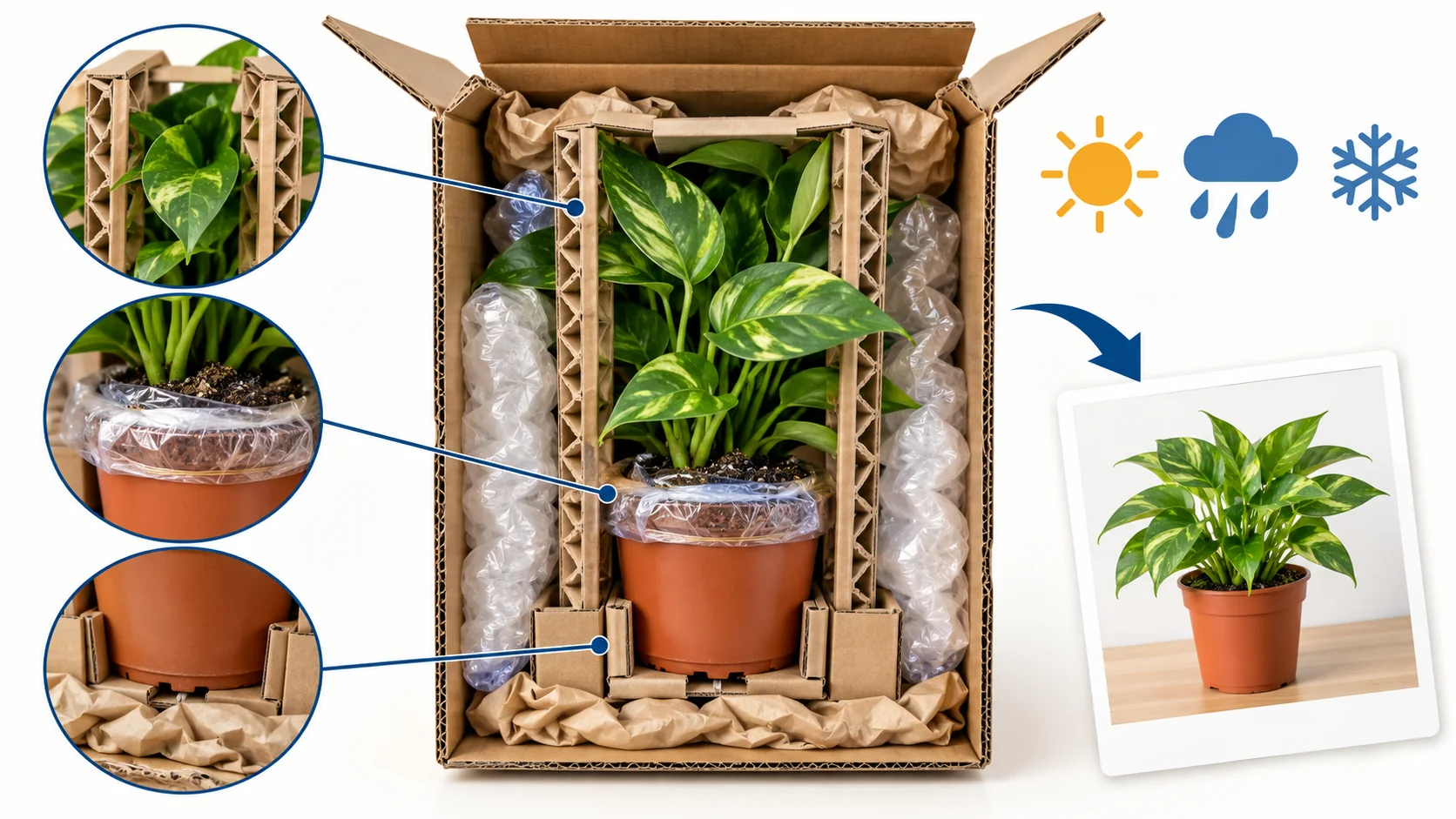 Conceptual cutaway of a potted houseplant held upright with soil and foliage protected inside a carton, beside an arrival photo card.
