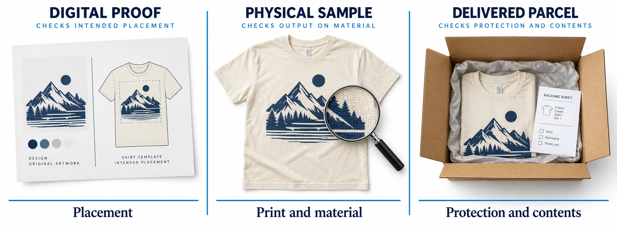 Editorial comparison of a digital proof, a physical printed shirt and the delivered protective parcel.