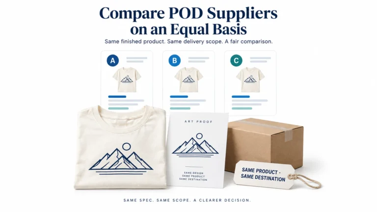 Editorial illustration of the same shirt design, proof and parcel used to compare three hypothetical supplier quotes.