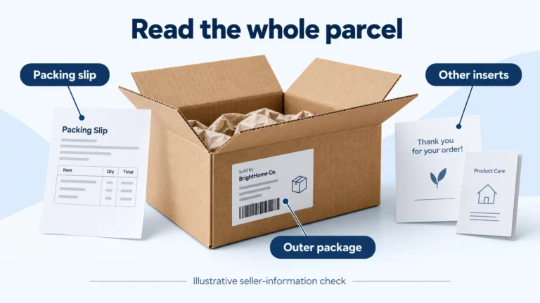 Illustrative outer parcel, packing slip and inserts identified for inspection.