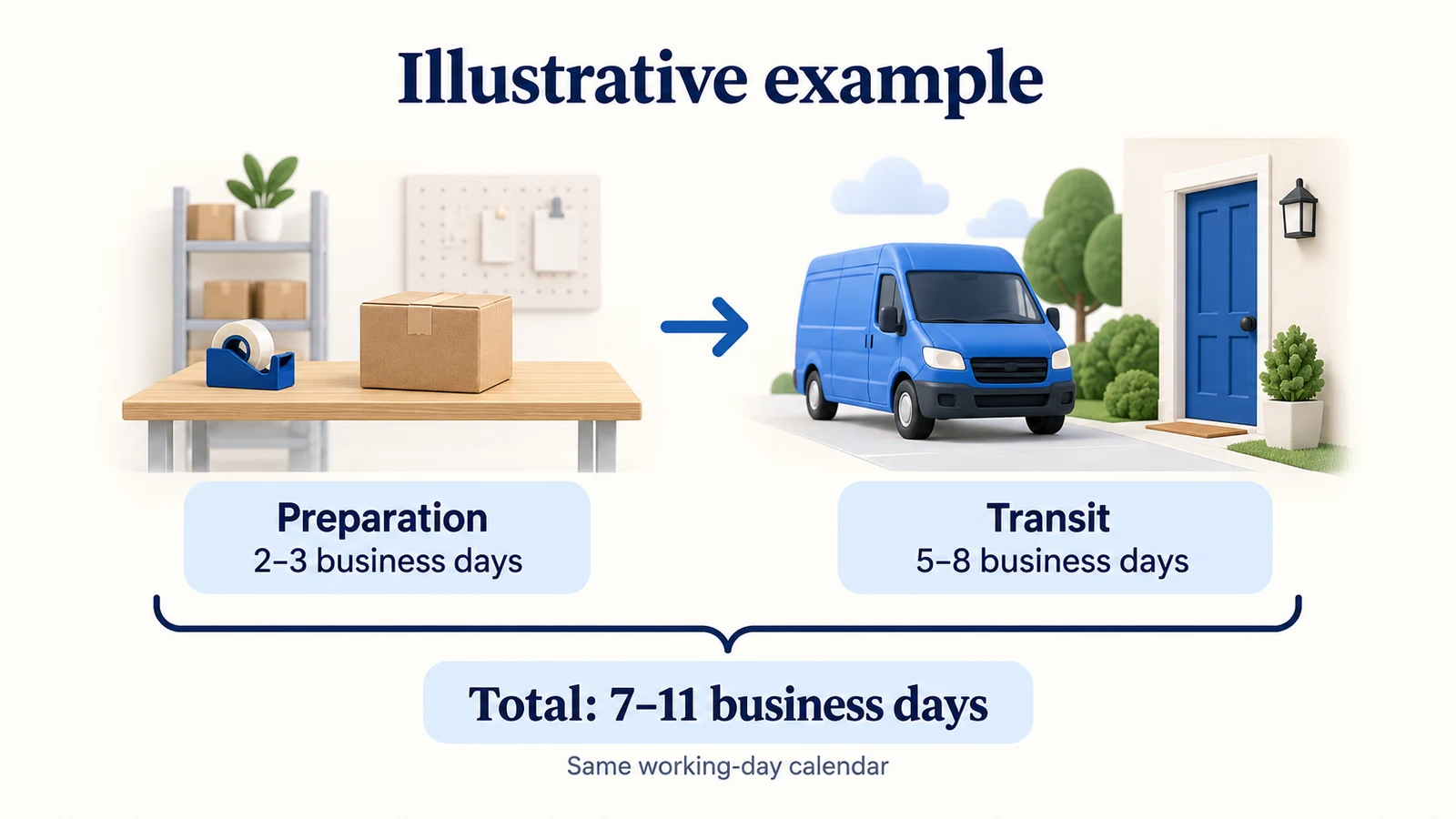 Illustrative preparation of 2–3 business days plus transit of 5–8 produces a total of 7–11 business days on the same working-day calendar.
