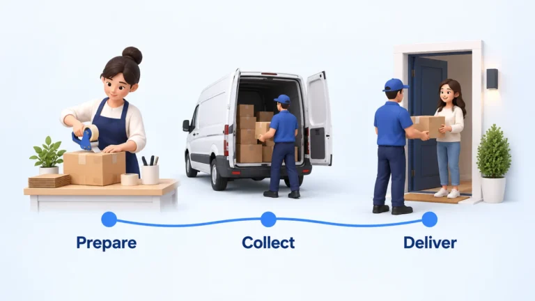 An illustrative packing, carrier collection and doorstep delivery sequence.