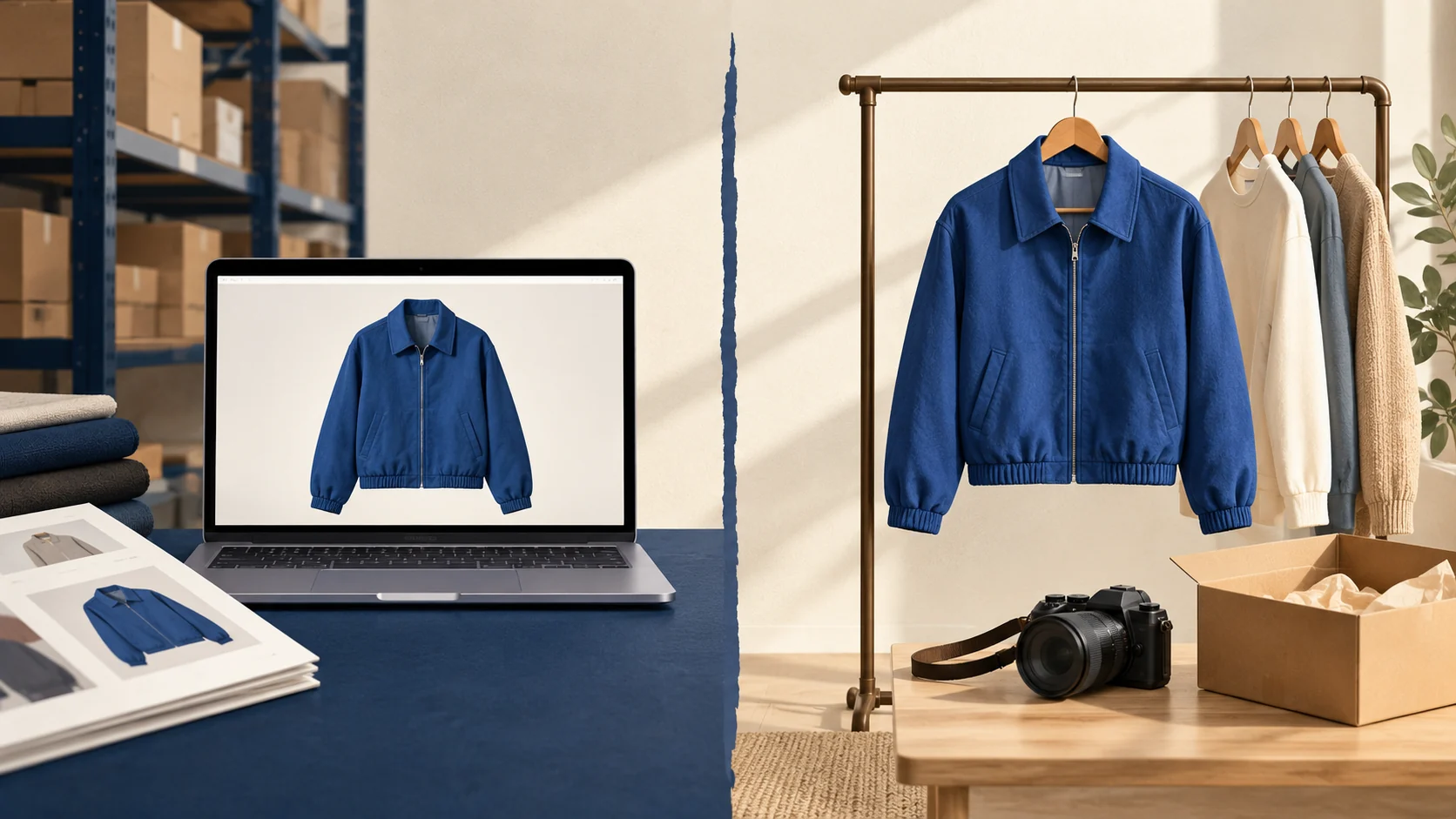 Concept comparison of a blue jacket seen only in a supplier catalog and the actual jacket on a seller's clothing rail.