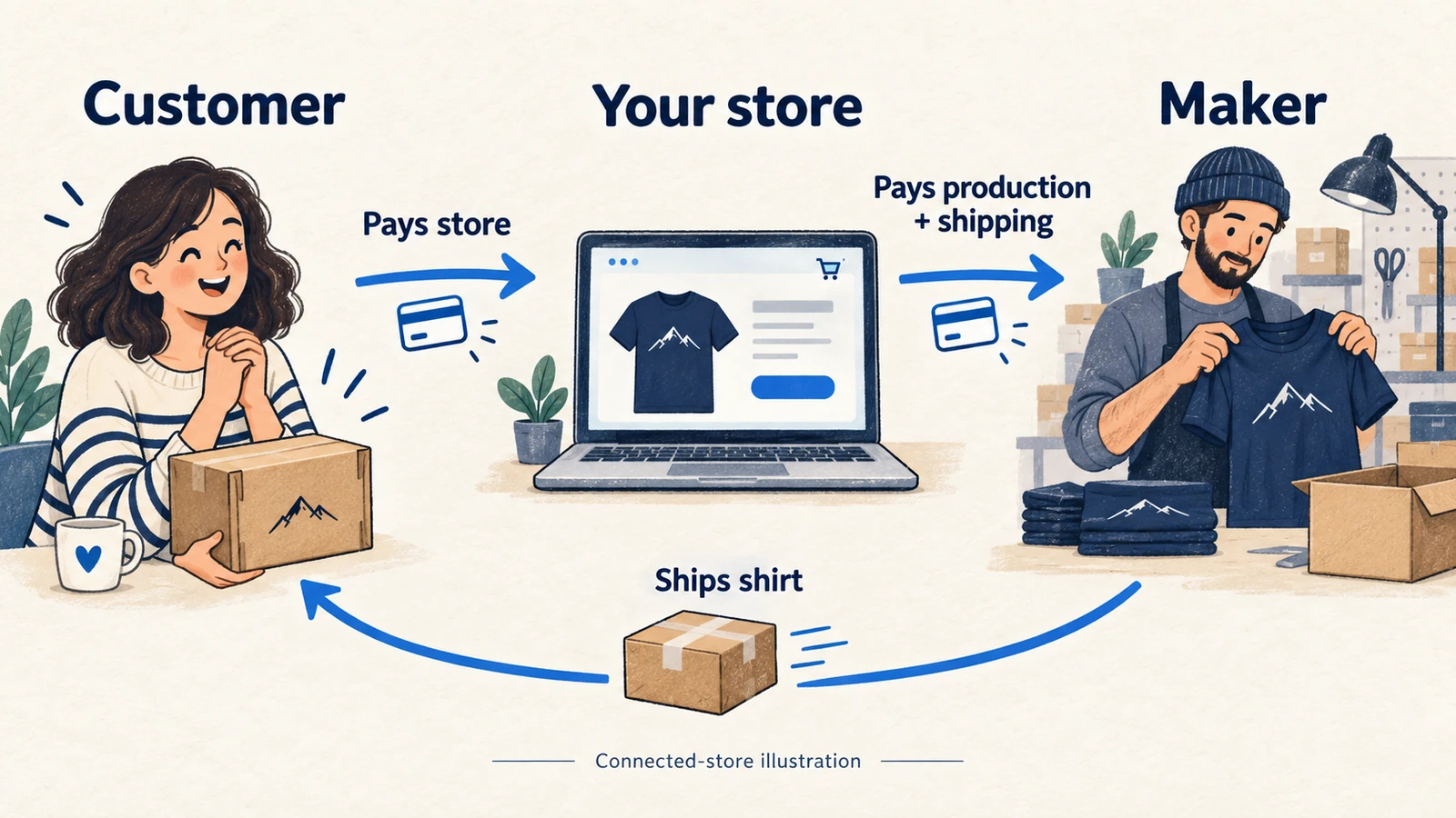 Illustration of a customer paying an owned store while the store separately pays for a printed shirt and shipping.