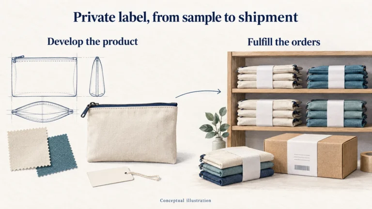 Illustrated private-label cotton pouch progresses from specification and sample to stored stock and customer parcel.