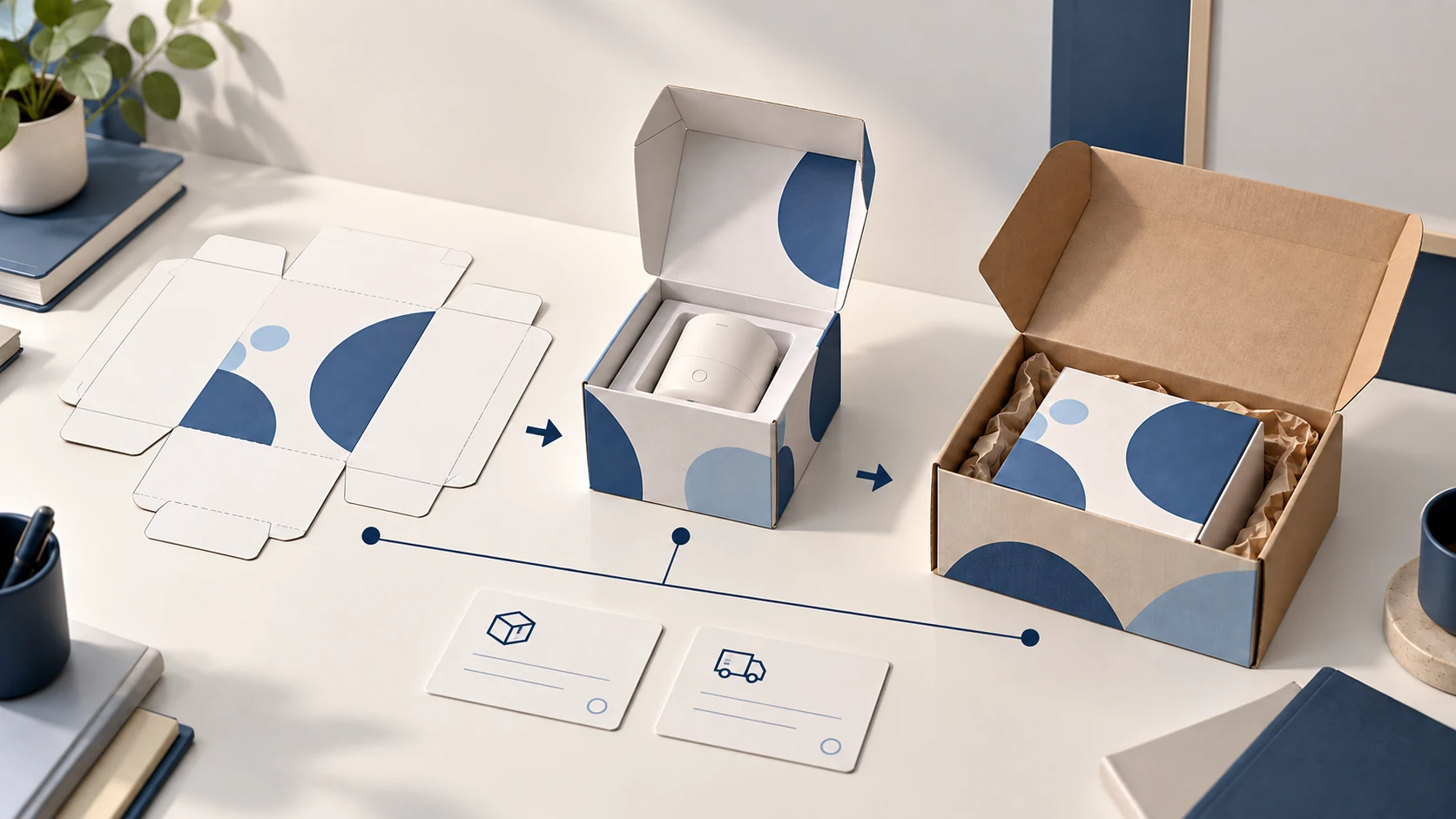 Illustration of packaging artwork becoming a retail box and a protected shipping parcel.