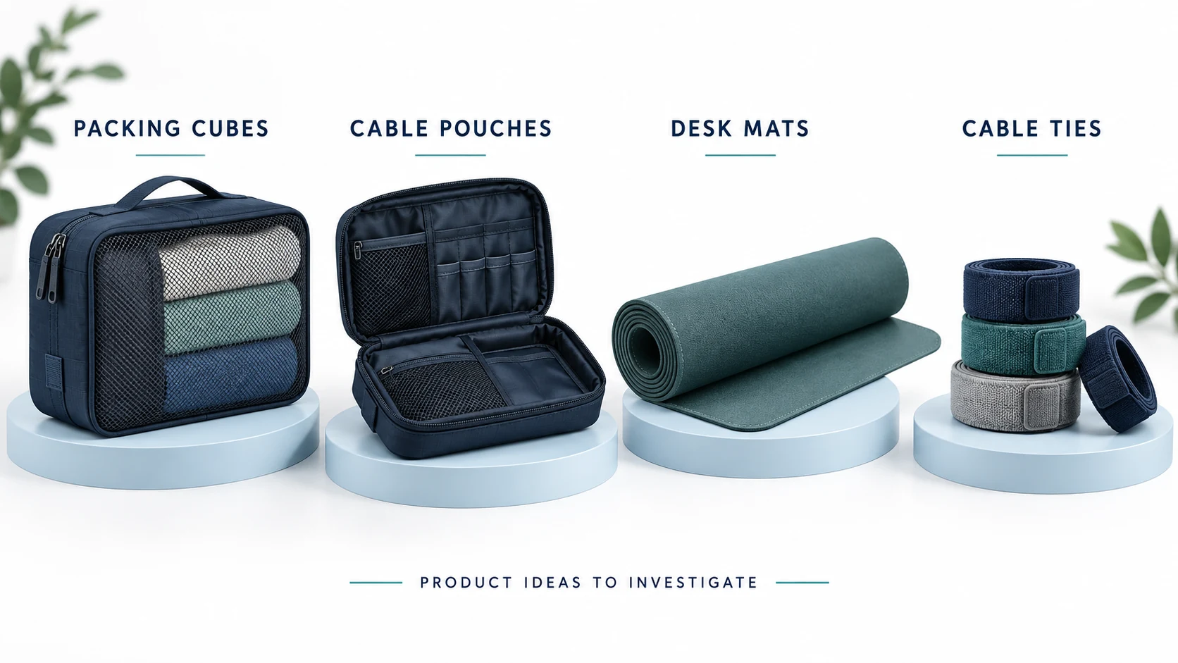 Illustrative packing cubes, cable pouches, desk mats and reusable cable ties as candidate products.