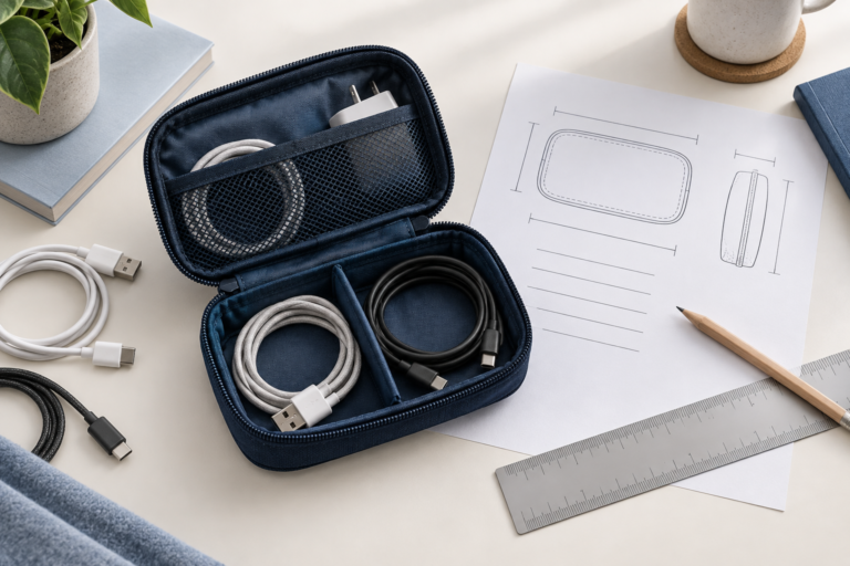 Illustrative cable organizer beside a measurement sketch and ruler, representing verification before product copywriting.