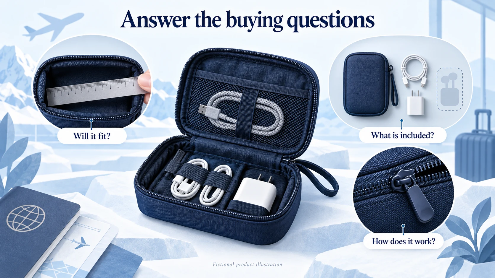 Illustrated cable pouch with views showing fit, contents and the closure instead of repeated decorative photos.