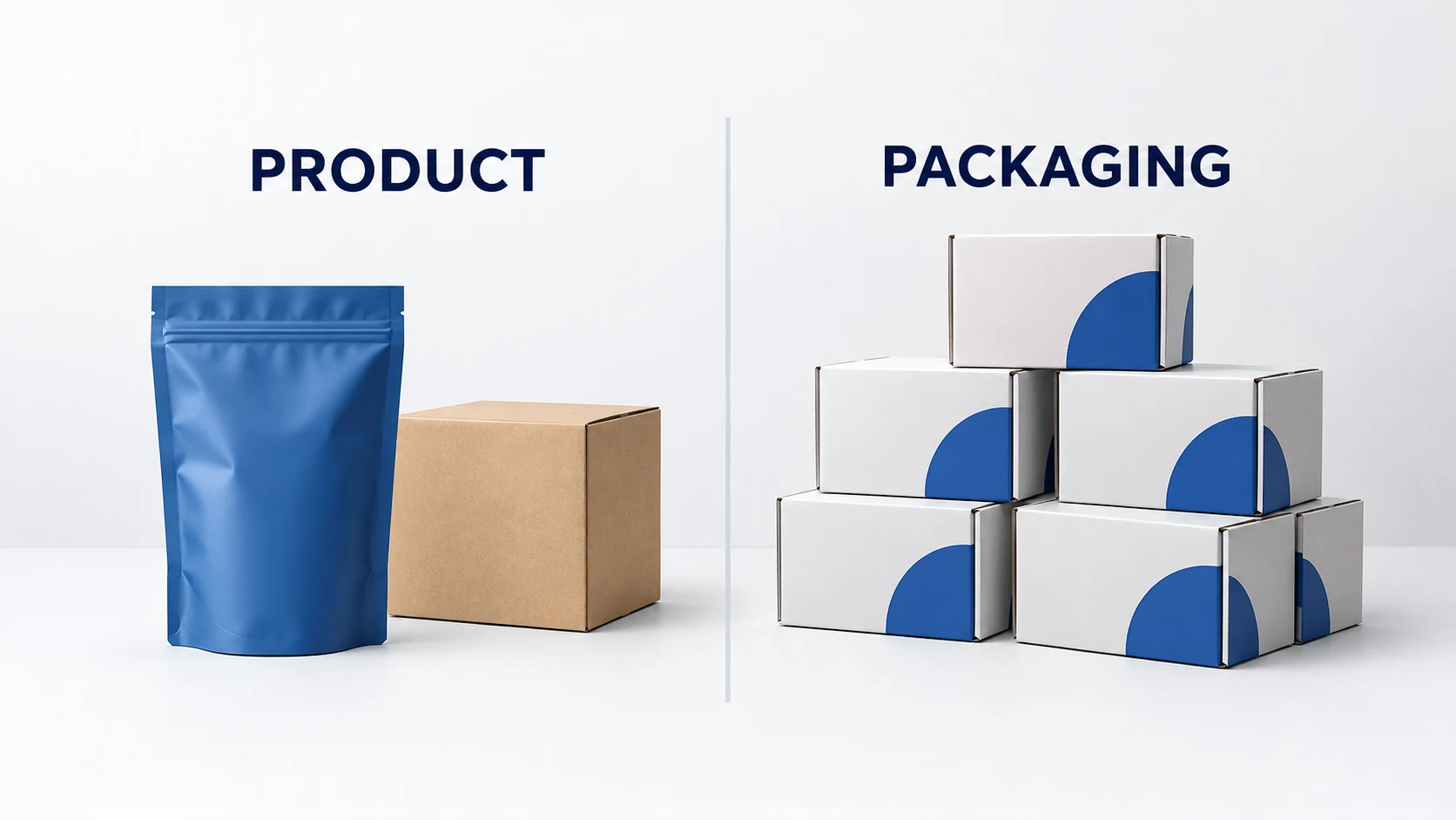 One product and plain box are compared with a separate stack of custom packaging.