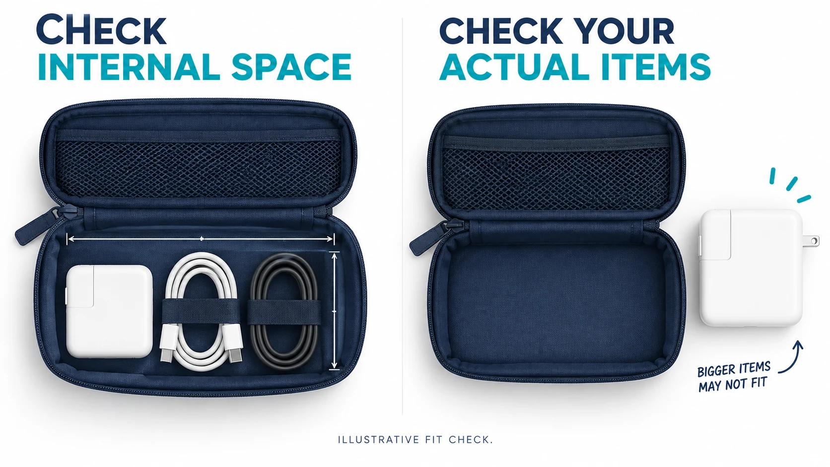 Illustrative cable-pouch fit check comparing internal space with actual accessories.