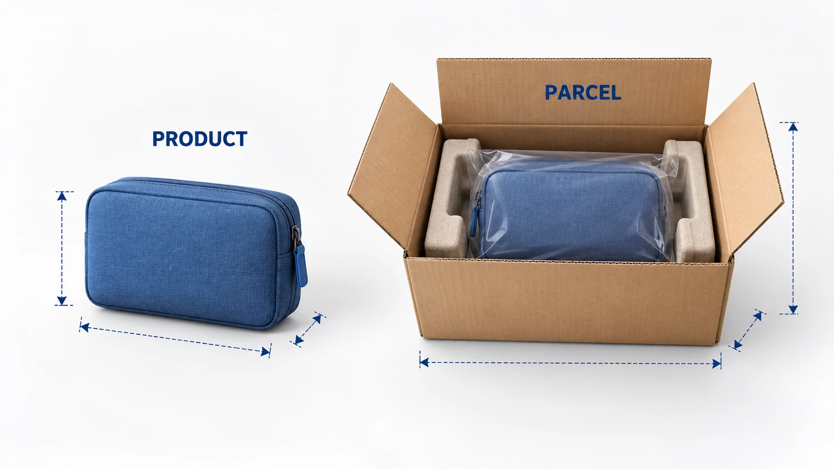 A blue pouch is measured separately from the pouch inside its protective shipping carton.