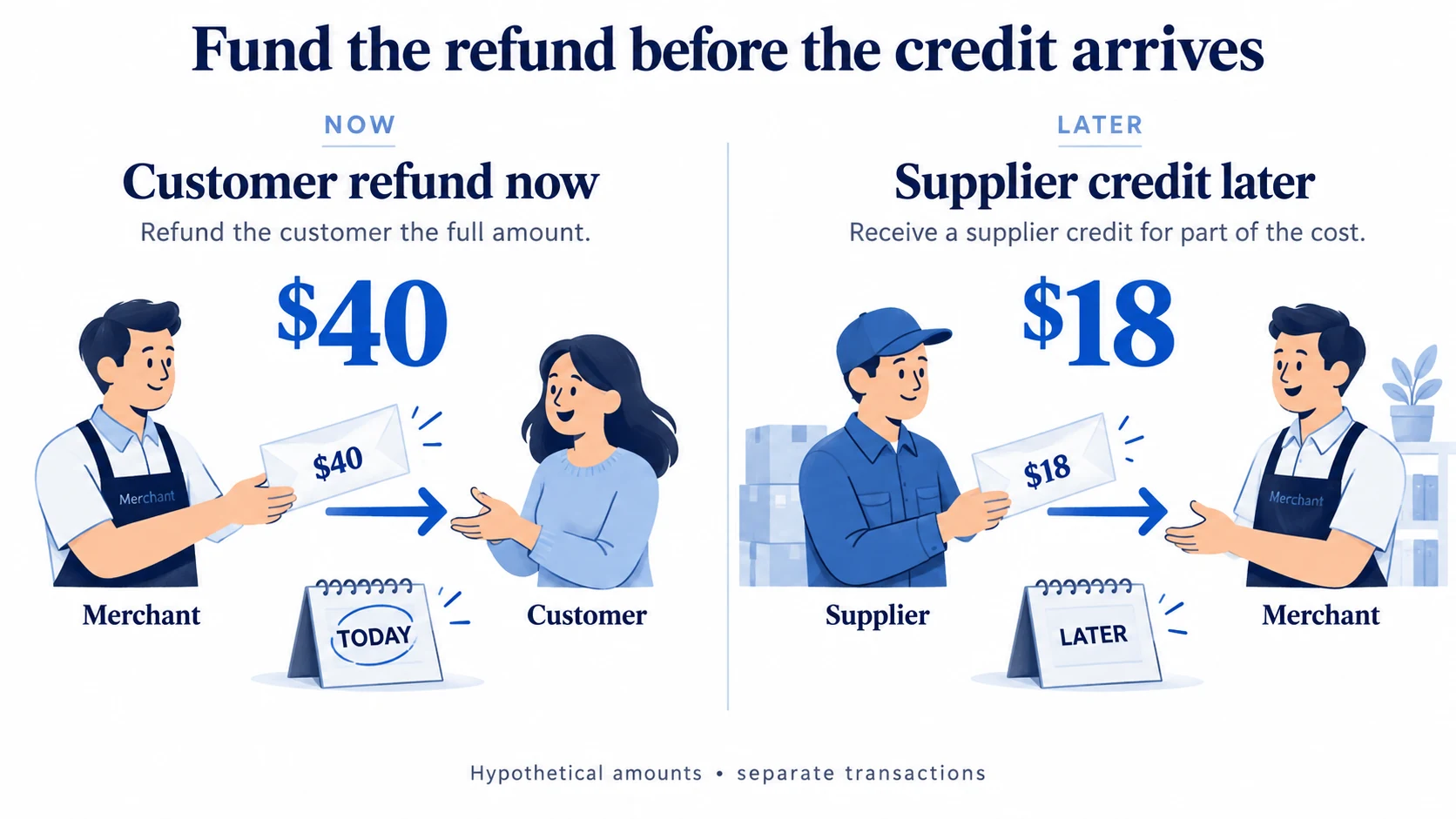 An illustrative forty-dollar customer refund occurs now while an eighteen-dollar supplier credit arrives later.