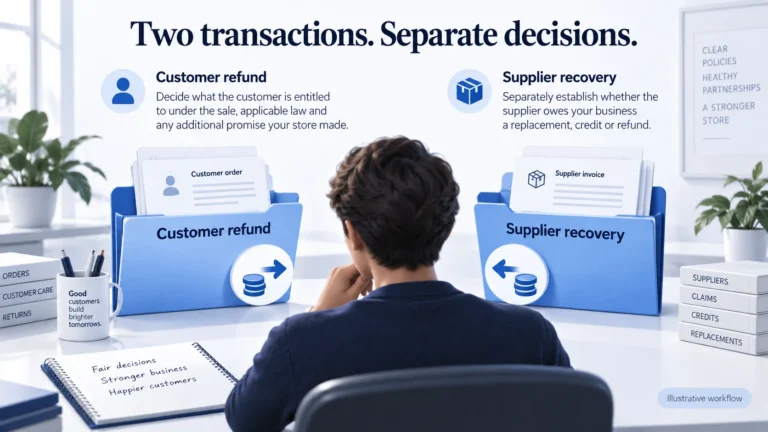 Separate customer-refund and supplier-recovery folders represent two distinct commercial transactions.