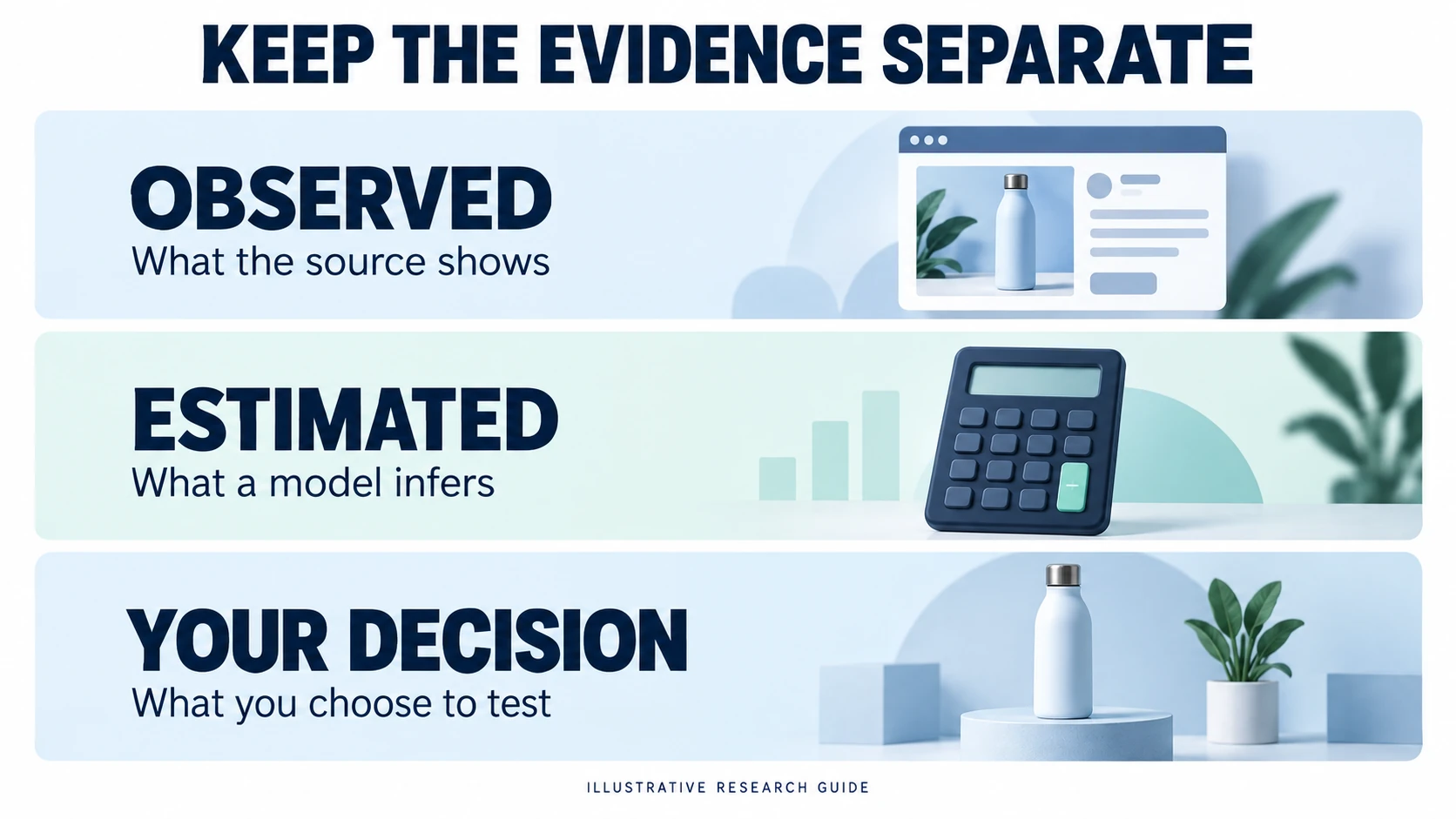 Three illustrated rows separating observed source information, model estimates and the merchant decision.