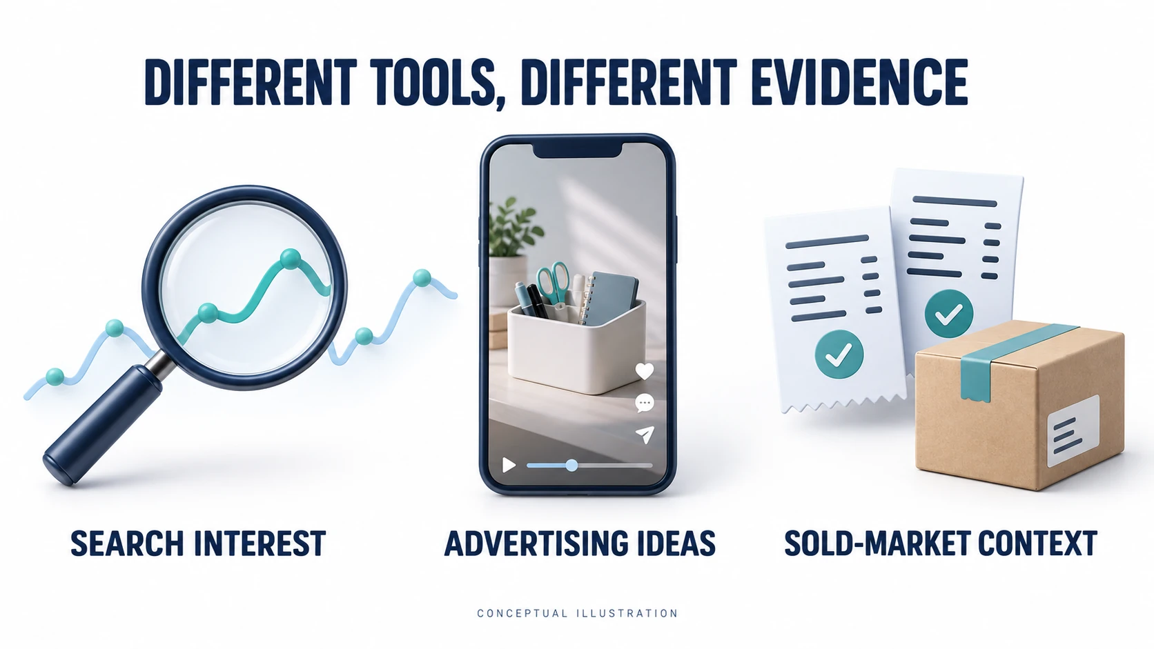 Conceptual illustration distinguishing search interest, advertising ideas and sold-market context.