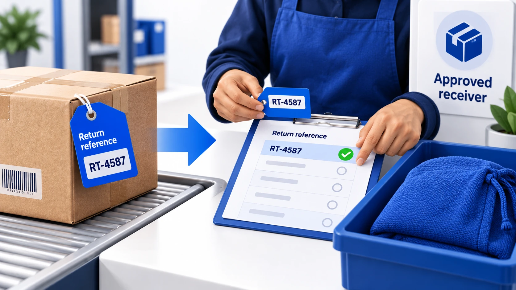 An illustrative return parcel reference is matched to an approved receiver record.