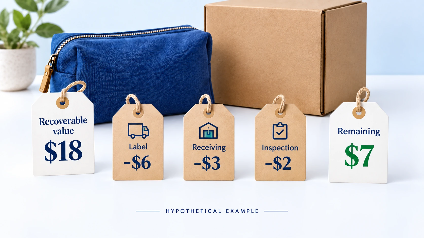 Illustrative return recovery of $18 less $6 label, $3 receiving and $2 inspection leaves $7.
