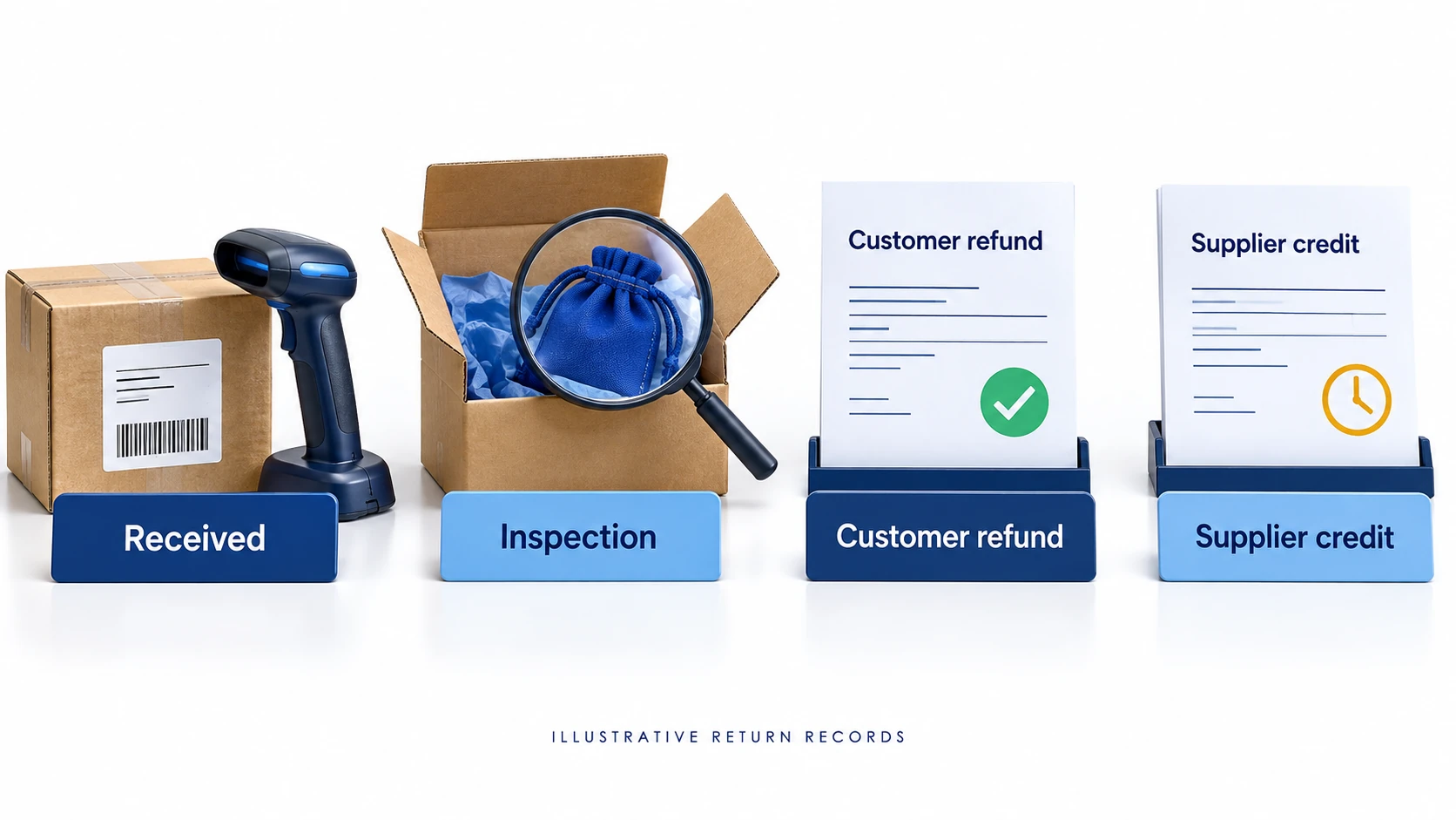 Separate illustrative records for receipt, inspection, customer refund and supplier credit.