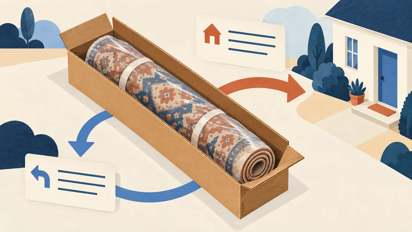 Concept illustration of an unbranded rolled rug carton moving to a buyer and a possible return label.