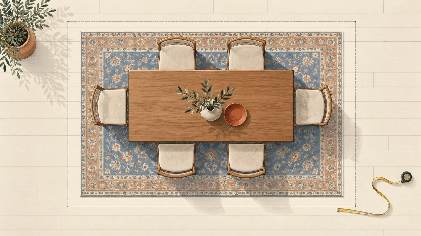 Concept overhead illustration of a dining table and pulled-out chairs resting within an area rug boundary.
