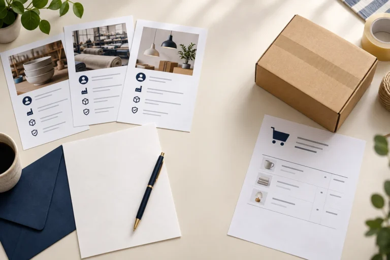 Illustrative supplier information sheets and inquiry letter separated from a parcel and order slip.