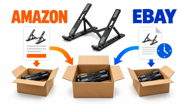 Conceptual split from one wholesale laptop-stand supplier to Amazon seller identity and listing checks and eBay wholesale-source and handling checks
