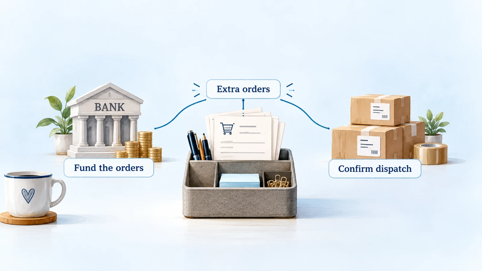 Illustrative extra orders for a desk-organizer store require usable funds and exact-product dispatch.