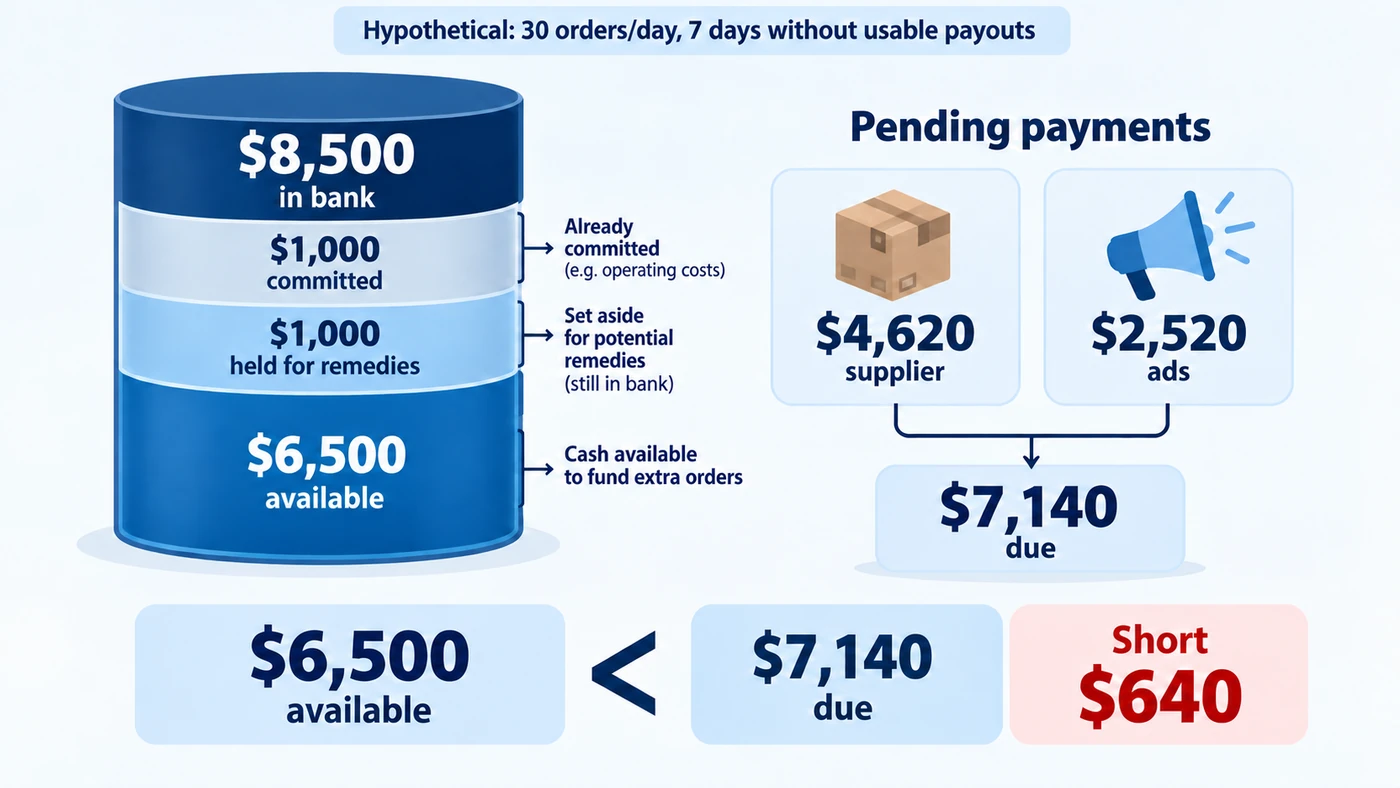 Hypothetical seven-day supplier and ad bills exceed the usable bank funds by $640.